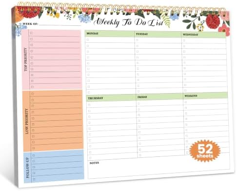 Weekly To Do List Notepad with 52 Undated Sheets（8.5"×11"）- Undated Weekly Planner Notepad for Office Desk Accessories and Supplies - Floral Daylight