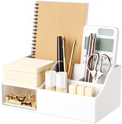 HBlife Acrylic Desk Organizer with Drawer, Pen & Pencil Holder, Multifunctional Desktop Caddy for Office Supply and Organization (White)