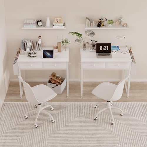 Lufeiya Small White Kids Desk with Drawers for Bedroom, 32 Inch Home Office Desks with Fabric Storage Drawer and Bag, Study Writing Vanity Table for Small Spaces, White