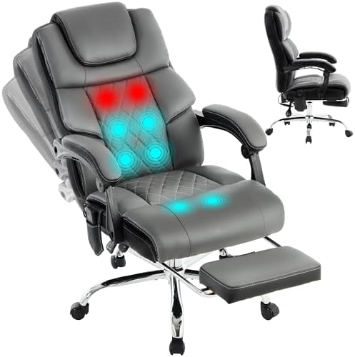 Massage Office Chair with Heat & Footrest,Heated Comfy Reclining Desk Chair with Vibration,Executive Big and Tall Chairs for Heavy People,Adjustable Height Black Grey