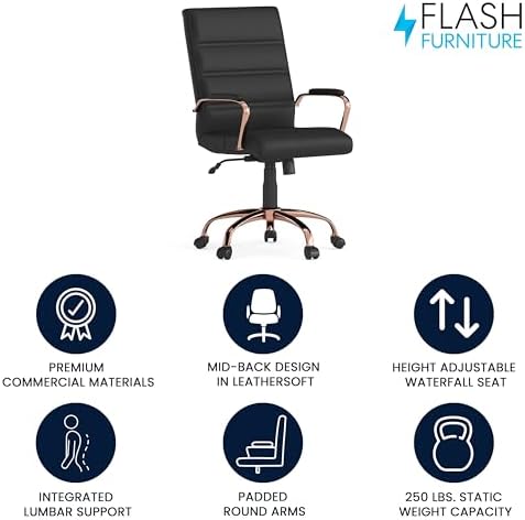 Flash Furniture Mid-Back Black LeatherSoft Executive Swivel Office Chair with Rose Gold Frame and Arms