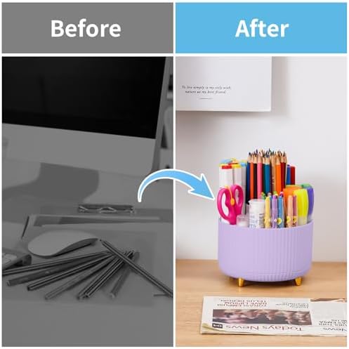 Marbrasse Desk Organizer, 360-Degree Rotating Pen Holder, Desk Organizers and Accessories with 5 Compartments Pencil Holder, Art Supply Storage Box Caddy for Office, Home（Purple）