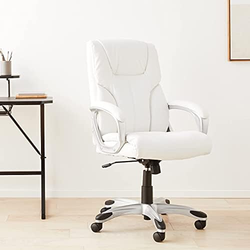 Amazon Basics Executive High Back Office Desk Chair, Adjustable Height, Tilt, Swivel, 275lb Capacity, Bonded Leather, White/Pewter