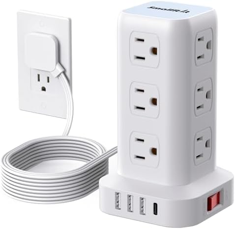 Extension Cord with Multiple Outlets, SMALLRT Flat Plug Power Strip Tower with USB 12 AC Outlets, 6.5FT Ultra Thin Extension Cord Outlet Extender for Home Office, Overload Protection