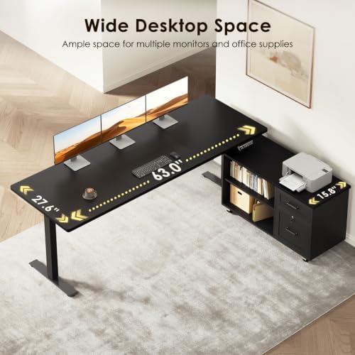 OffiGo 63 Inch L Shaped Electric Standing Desk with Cabinet Sets, Black