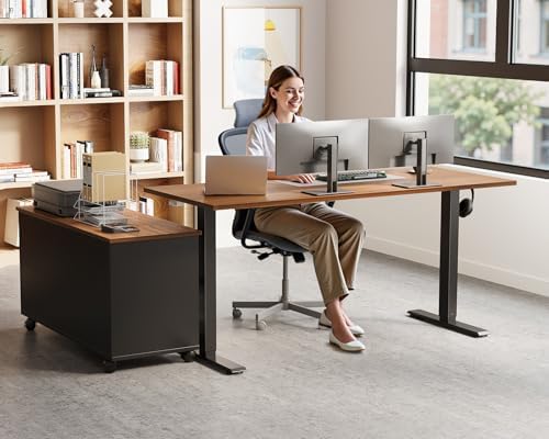 OffiGo 48" L Shaped Electric Standing Desk with Cabinet Sets, Walnut/Black