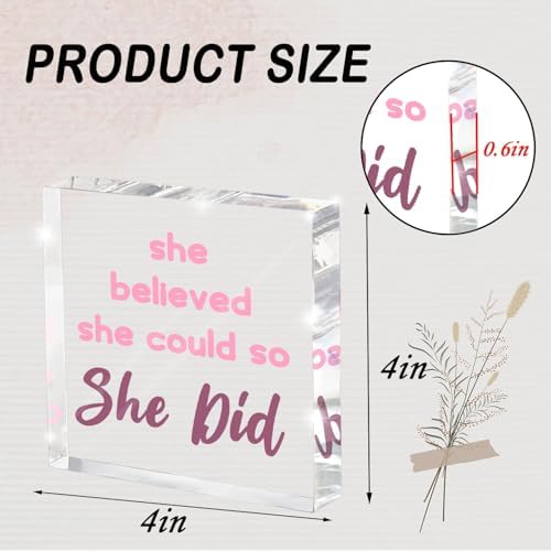 Pink Office Decor - Congratulations Gifts For Women - She Believed She Could So She Did Pink Office Desk Decor Accessories Acrylic Square Shape Sign - Inspirational Gift For Women