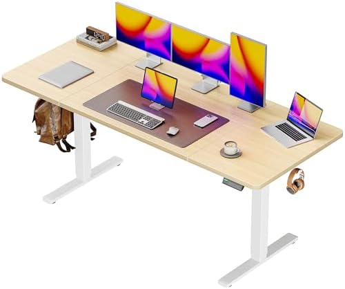 Huuger 63 x 28 Large Electric Standing Desk, Height Adjustable Computer Desk, 27.6" Deep Desktop, Stand up Gaming Office Table with 2 Hooks, 3 Preset Heights, for Home Office, Maple, 7021Q-1