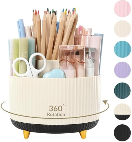 SKYDUE 360 Rotating Organizer, Dual-Purpose Pencil Pen Holder, 5-Slot Rotating Pencil Cup for Office, School, Home (Beige-Black)