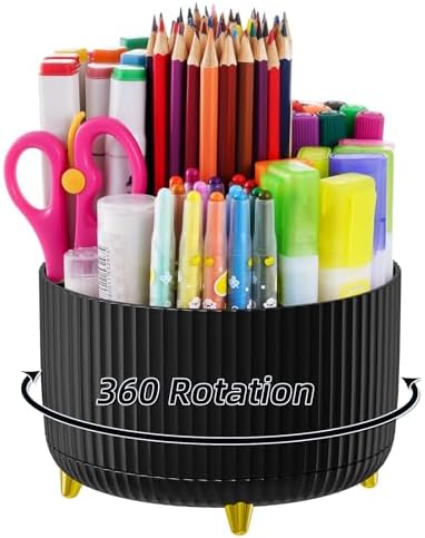Marbrasse Desk Organizer, 360-Degree Rotating Pen Holder, Desk Organizers and Accessories with 5 Compartments Pencil Holder, Art Supply Storage Box Caddy for Office, Home (Black)