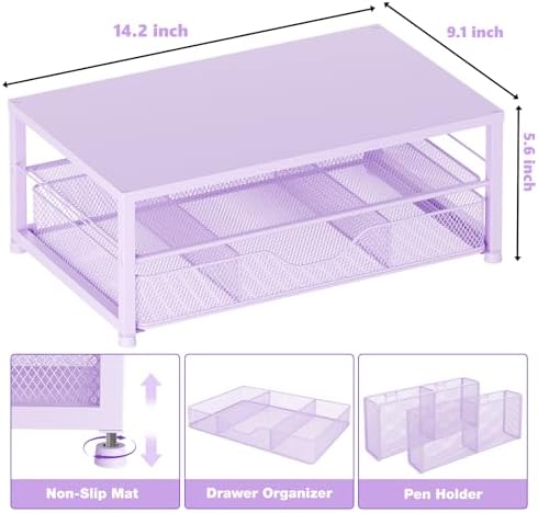OPNICE Desk Organizer and Accessories, 2-Tier Computer Monitor Stand Riser with Drawer and 2 Pen Holders, Laptop Stand, Office Desk Accessories for Office Supplies, Purple