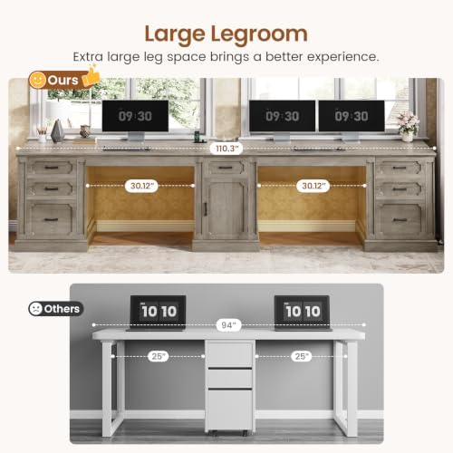 SEDETA Farmhouse 110.3" Two Person Desk with 7 Drawers, Long Computer Desk with Storage Cabinet, 2 Person Desk with Power Outlets for Home Office, Gray