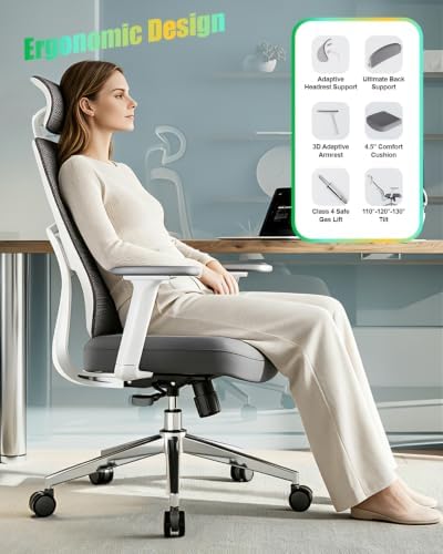 Ergonomic Office Chair, High Back Mesh Chair with Lumbar Support, Ultimate Back Support Office Desk Chair, Comfortable Computer Chair & Gaming Chair for Office & Home, White