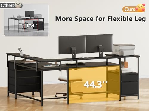 Furologee 66'' L Shaped Gaming Desk with 6 Drawers, LED, Outlets, Black
