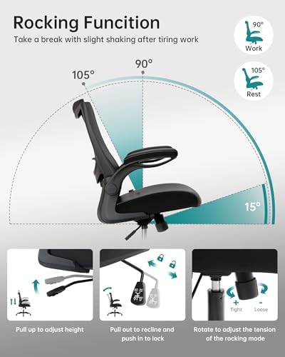 MUXX.STIL Office Chair, PU Leather Ergonomic Desk Chair with Adjustable Lumbar Support and Flip up Armrest, Breathable Mesh Computer Chair for Home Office, Black