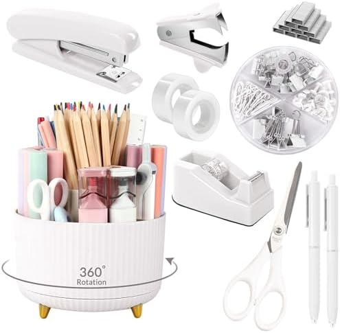 SKYDUE White Office Supplies Set, Office Desk Accessories 10PCS, Pencil Holder for Desk, Stapler, Tape Dispenser, Scissors, Ruler, Binder/Paper Clips and 1000pcs Staples,Desk Supplies Set