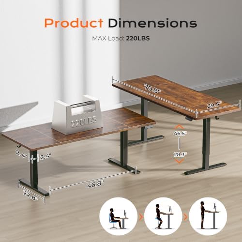 Huuger 71 x 30 Large Electric Standing Desk, Height Adjustable Computer Desk, 29.5" Deep Desktop, Stand up Gaming Office Table with 2 Hooks, 3 Preset Heights, for Home Office, Rustic Brown