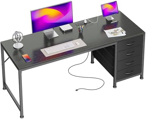PRAISUN 55.1 Inch Computer Office Desk with Power Outelts and USB-C Port, Reversible Gaming Desk with 4 Fabric Drawers, Work Study Desk Work from Home, Black