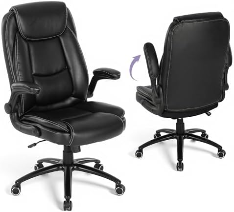 300lbs Capacity Executive Desk Chair Set of 2 with Ergonomic Lumbar Support, Flip-up Arms & High Back Leather Computer Chair for Home/Office, Black