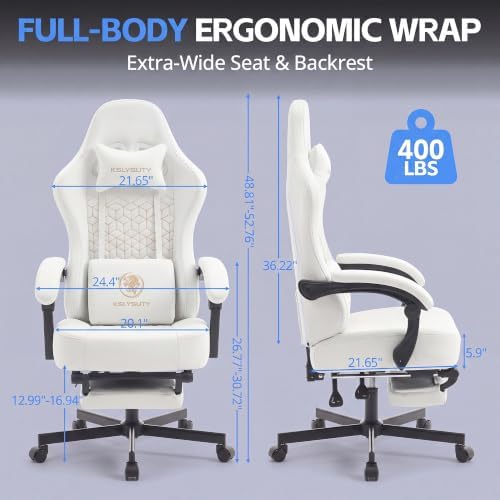 Desk Computer Gaming Chair - Ergonomic Game Office Chair with Extended Footrest and Massage Lumbar Support, Home Gamer Video Game Chairs with Spring Cushion for Adults (Pro White Leather)