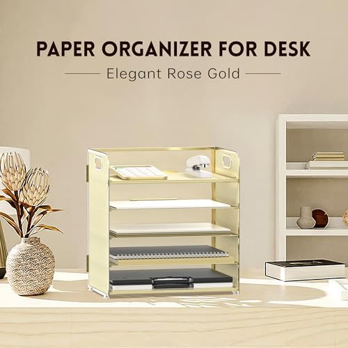 Supeasy 5 Trays Paper Organizer Letter Tray with Handle-Mesh Desk File Organizer, Paper Sorter Desk Organizer for Office, Home or School (Golden)