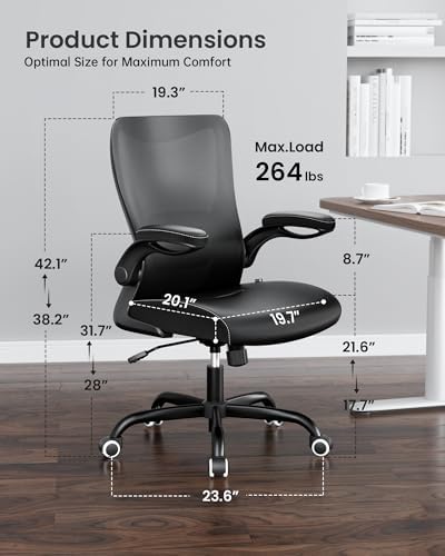 MUXX.STIL Office Chair, PU Leather Ergonomic Desk Chair with Adjustable Lumbar Support and Flip up Armrest, Breathable Mesh Computer Chair for Home Office, Black