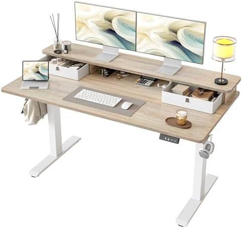 TIQLAB Standing Desk with Two Drawers, Stand Up Standing Desk Adjustable Height, Electric Sit Stand Table with Storage Shelf and Splice Board, 55 * 24 inch, Maple