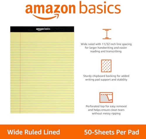 Amazon Basics Wide Ruled Lined Writing Pads, 8.5" x 11.75", Canary, 12-Pack of 50 Perforated Sheets, Sturdy Backing