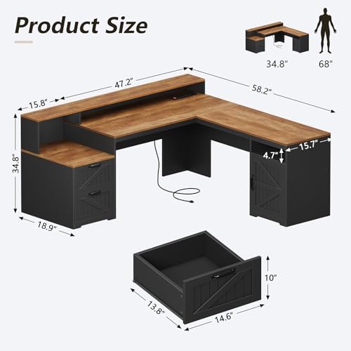 63" Farmhouse L Shaped Desk with Drawers & Printer Shelf for Home Office