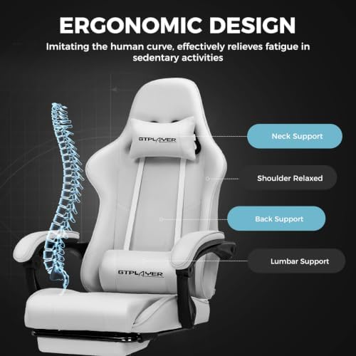 GTPLAYER Gaming Chair, Computer Chair with Footrest and Lumbar Support, Height Adjustable Game Chair with 360°-Swivel Seat and Headrest and for Office or Gaming (All Light Gray-Fabric)