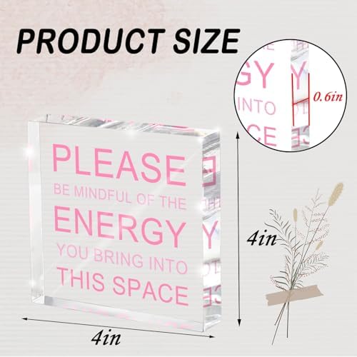 Please Be Mindful of The Energy Desk Sign - 4x4 Inch Pink Acrylic Office Decor for Women, Therapist Room Decor, Positive Workspace Sign, Calm Office Accessories & Wellness Gift