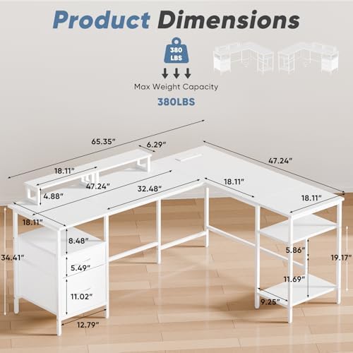 DUMOS 62” L Shaped Desk with Drawers and Power Outlet, White