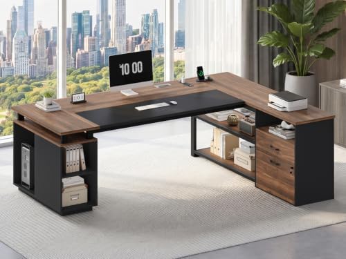71" L Shaped Corner Home Office Desk, Large Executive Computer Desk with Lockable File Cabinet, 2 Drawers, Storage Cabinet, Power Outlets, CPU Stand, Storage Shelves & Modesty Panel, Walnut