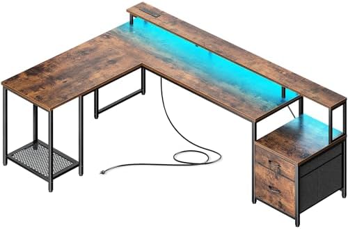 PRAISUN 66" L Shaped Gaming Desk with LED Lights & Power Outlets