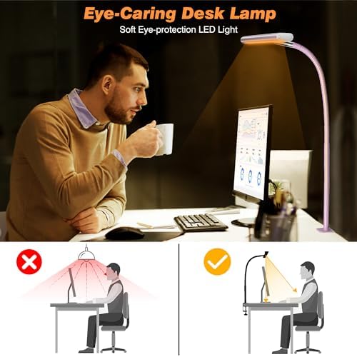 Airlonv LED Desk Lamp with Clamp, 17" Stepless Dimming Light (Pink)