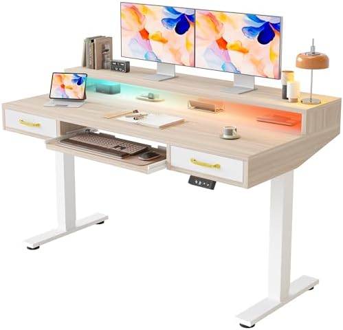 TIQLAB Standing Desk with Two Drawers, Stand Up Standing Desk Adjustable Height, Electric Sit Stand Table with Storage Shelf and Splice Board, with LED Light, 55 * 28 inch, Light Walnut