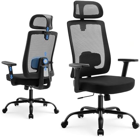 Shintenchi Mesh Office Chair, Ergonomic Home Office Desk Chair with Adjustable Lumbar Support, Headrest, 90°-135° Tilt, Computer Chair for Home Office, Black Task Chair