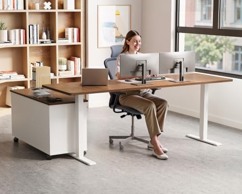 OffiGo 63" L Shaped Electric Standing Desk with Cabinet Sets, Walnut/White