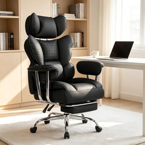 Big and Tall Office Chair 350 LBS, Scratch-Resistant PU Leather Executive Office Desk Chair with Footrest, Ergonomic Reclining Computer Chair with Pocket Spring Support for Home Office, Black