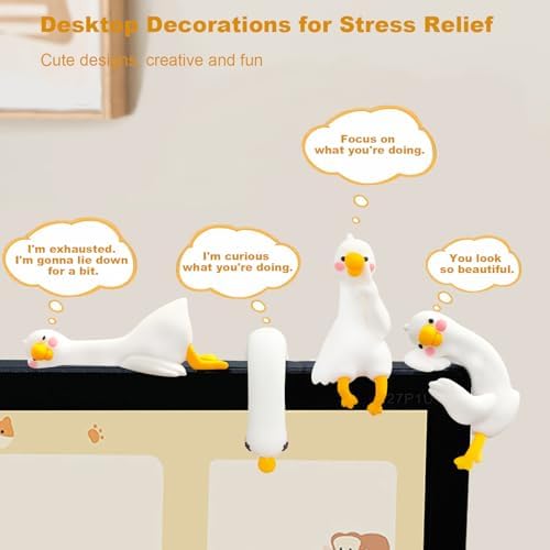 4 PCS Resin Goose Figurine Computer Monitor Decor,Cute Mini Goose Statues for Car Dashboard,Funny Desk/TV/Photo Frame Decorations (White Goose)