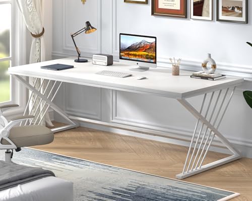 FOLUBAN 70.9" Modern Computer Desk with Z-Shaped Legs, Industrial Executive Home Office Desk for 2 Person, Large Writing Study Table for Bedroom, Gaming Workstation, White