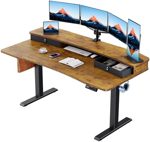 HUANUO 60″ x 30″ Electric Standing Desk with 2 Drawers, C-Clamp Mount Compatible, Height Adjustable Computer Desk, Home Office Stand Up Desk with 4 Preset Heights & 2 Hooks, Vintage Brown