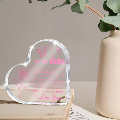 Love Heart Shaped Acrylic for Women, Pink Romantic "For My Girl" Decorative Gift, Anniversary Valentine's Day Gift, Couple Desk Decoration, Valentines Day Office Desk Accessories Decoration 4x4 Inch
