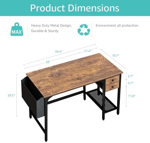 Lufeiya Computer Desk with Drawers - 40 Inch Work Reversible Small Desk for Bedroom Home Office, Simple Study Writing Table PC Desks with Drawer Storage Shelves, Rustic Brown