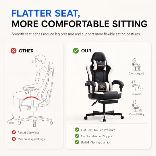 Desk Computer Gaming Chair - High Back Ergonomic Office Chair with Footrest and Lumbar Support, Swivel Comfy Home Gamer Video Game Chairs with Pocket Spring Cushion for Adults (White Leather)