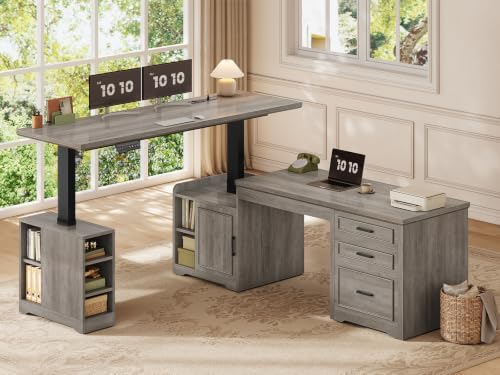 SEDETA Farmhouse L Shaped Standing Desk with Storage for Home Office (Grey)