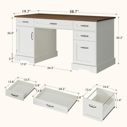 OffiGo Farmhouse 59 Inch Executive Desk with Drawers, Walnut+White