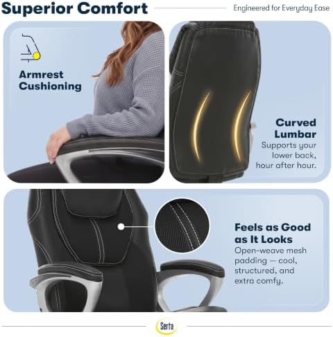Serta Ergonomic Executive Office Chair, Padded Arms Mesh Back Leather Chair