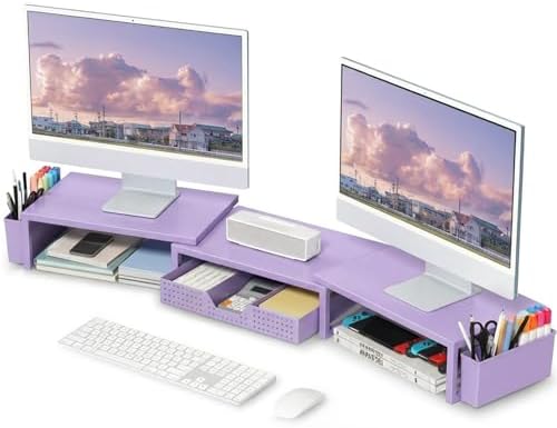 OPNICE Desk Organizers and Accessories, Dual Monitor Stand Riser with Drawer and 2 Pen Holders, Desk Shelf Computer Racks for Office Workspace Organizers, Desktop Organization (Purple)