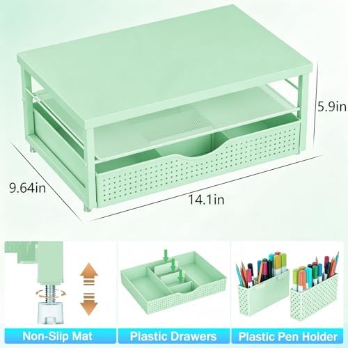 gianotter Desk Organizers and Accessories, Monitor Stand with Drawer and 2 Pen Holder, Desktop Organizer Suitable for Offices and Dormitories (Sage Green)